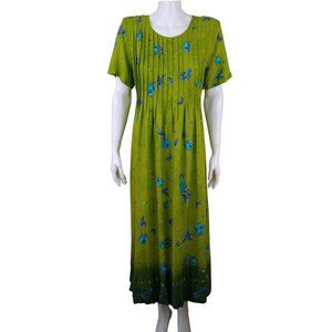 Vintage Darian Green Blue Floral Maxi Dress Short Sleeve Tie Back